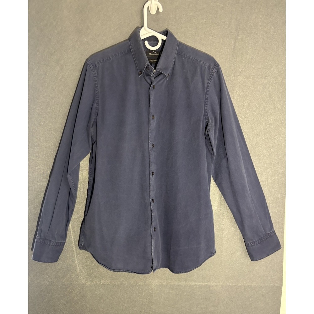 Massimo Dutti Men's Blue Button-Up Shirt Size M | Elbow Patch Casual Dress Long